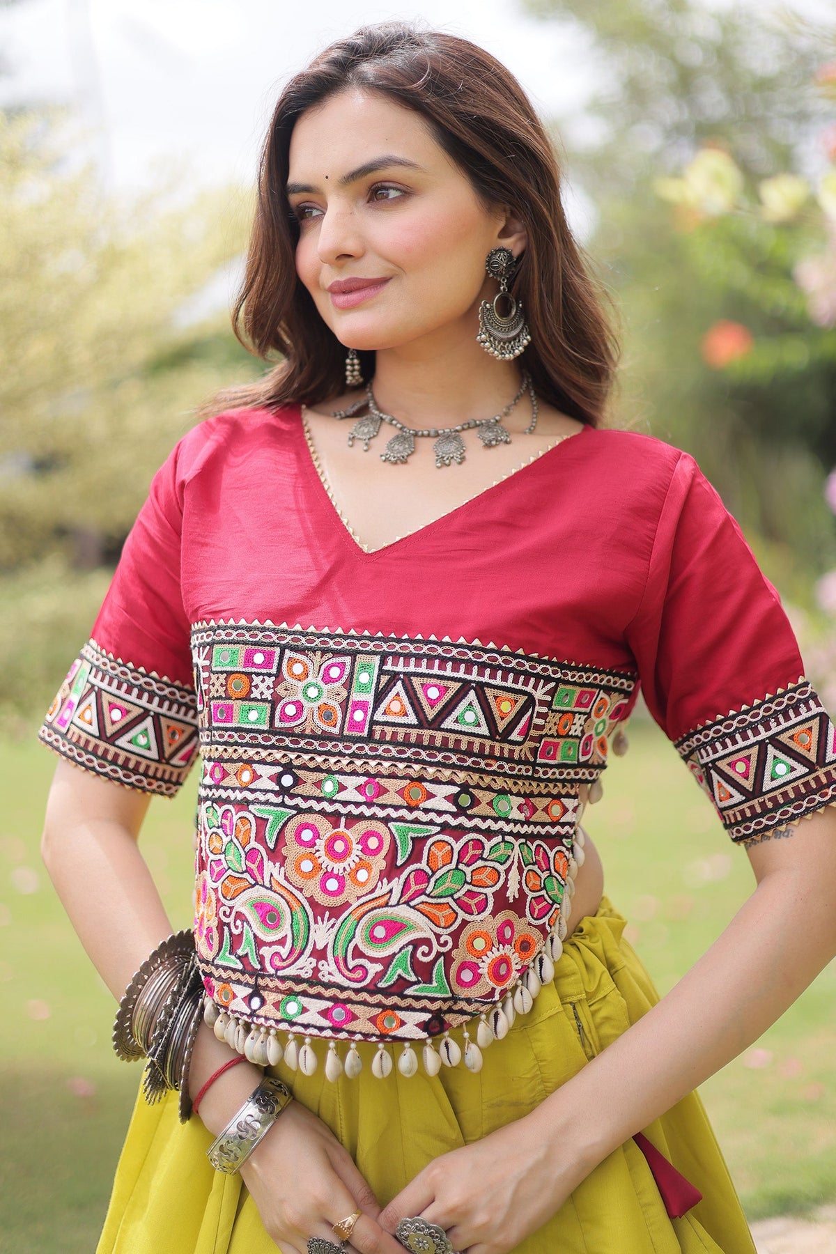 Yellow and Red Art Silk Kachchi Mirror Worked Chaniya Choli