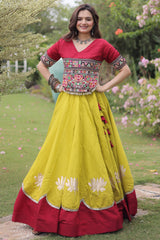 Yellow and Red Art Silk Kachchi Mirror Worked Chaniya Choli