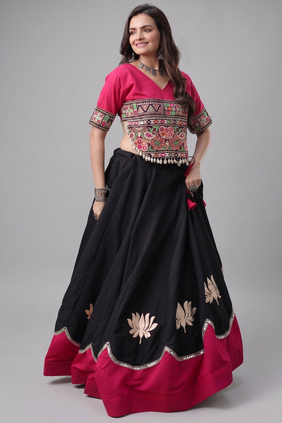 Black and Pink Art Silk Mirror Kachchi Worked Chaniya Choli