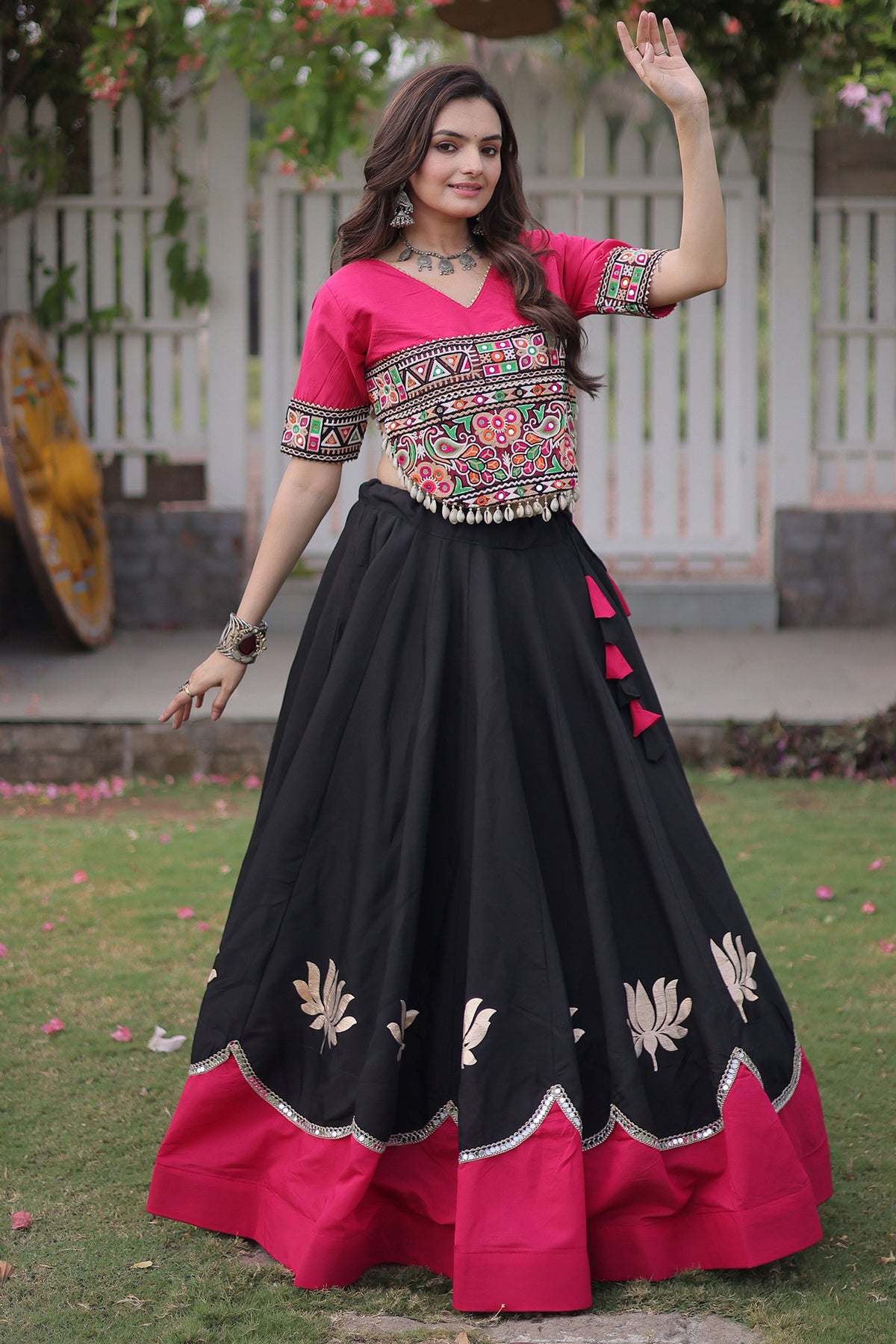 Black and Pink Art Silk Mirror Kachchi Worked Chaniya Choli