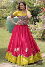 Pink and Yellow Art Silk Mirror Kachchi Worked Chaniya Choli