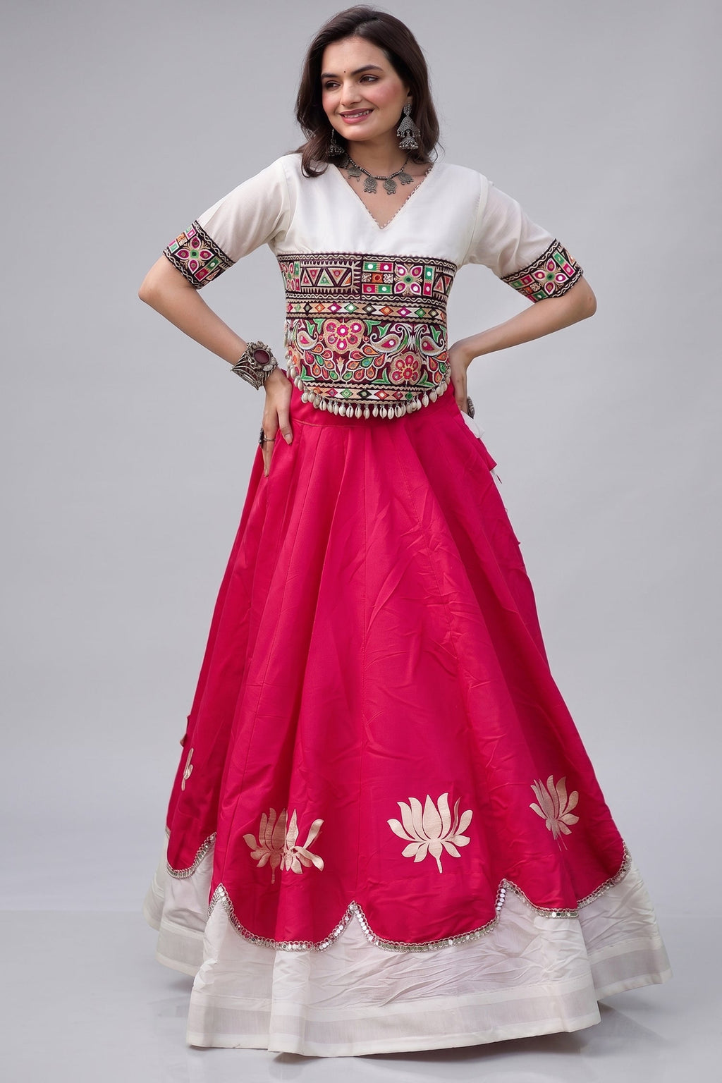 Pink and White Art Silk Mirror Kachchi Worked Chaniya Choli