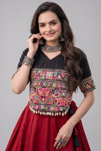 Maroon and Black Art Silk Mirror Kachchi Worked Chaniya Choli