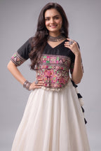 Pearl White and Black Art Silk Mirror Kachchi Worked Chaniya Choli