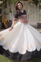 Pearl White and Black Art Silk Mirror Kachchi Worked Chaniya Choli