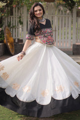 Pearl White and Black Art Silk Mirror Kachchi Worked Chaniya Choli