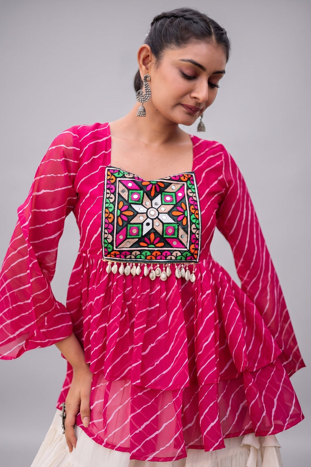 White Cotton Flared Peplum Chaniya Choli with Kachchi Work