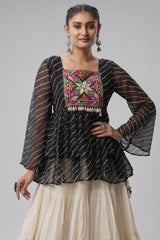 White Cotton Flared Peplum Chaniya Choli with Kachchi Work