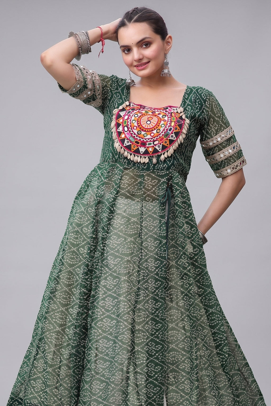 White Cotton Flared Chaniya with Kachchi Work Leheriya Top