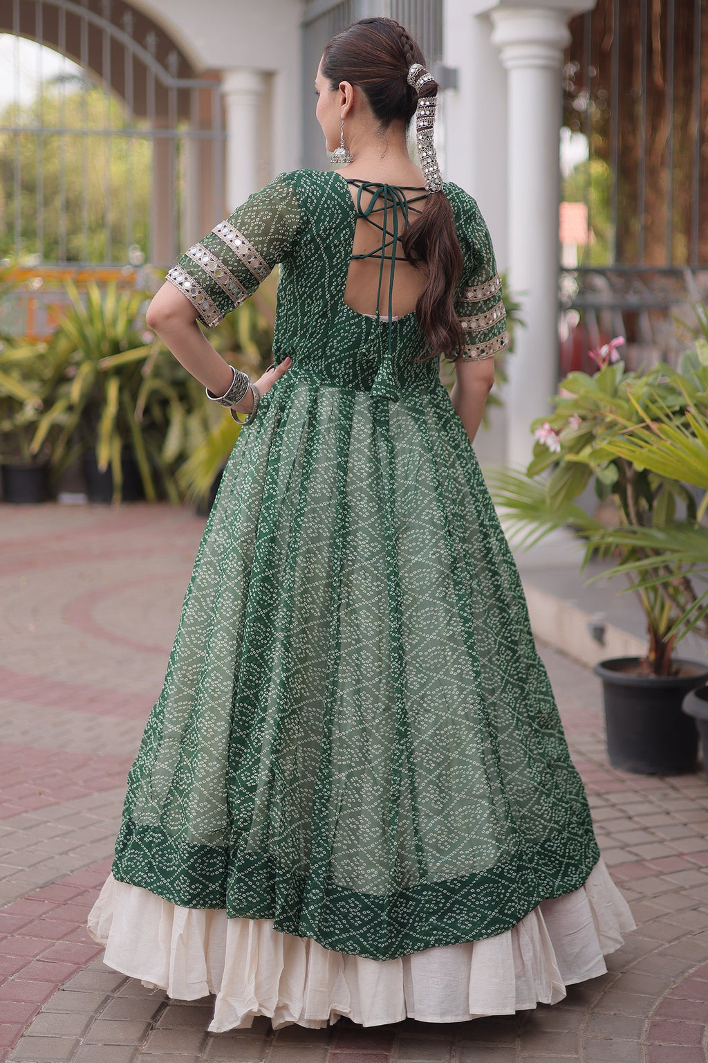 White Cotton Flared Chaniya with Kachchi Work Leheriya Top