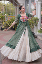 White Cotton Flared Chaniya with Kachchi Work Leheriya Top