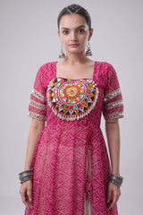 White Cotton Flared Chaniya with Kachchi Work Leheriya Top