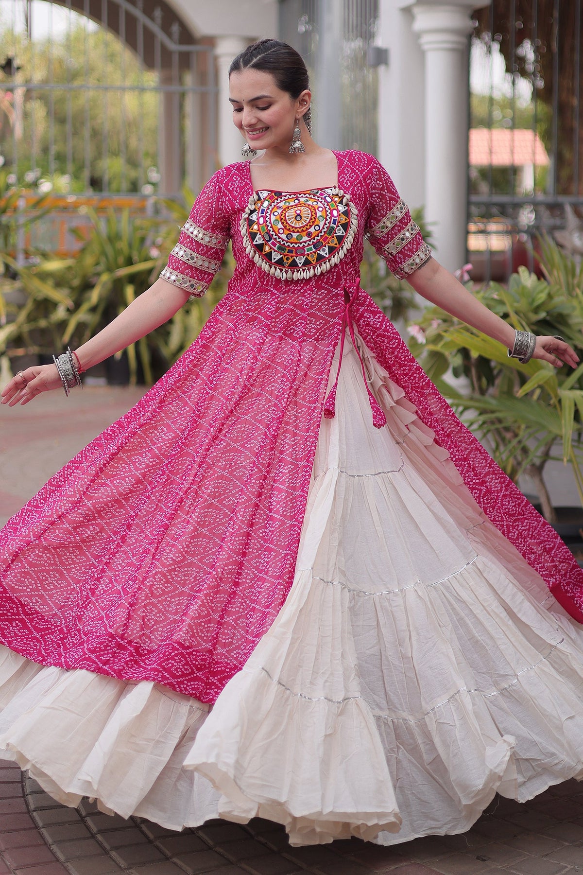 White Cotton Flared Chaniya with Kachchi Work Leheriya Top
