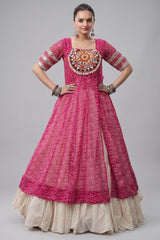 White Cotton Flared Chaniya with Kachchi Work Leheriya Top