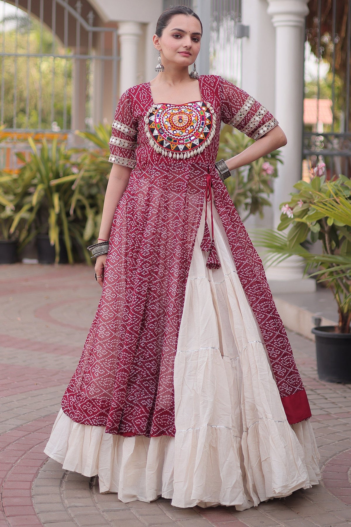 White Cotton Flared Chaniya with Kachchi Work Leheriya Top