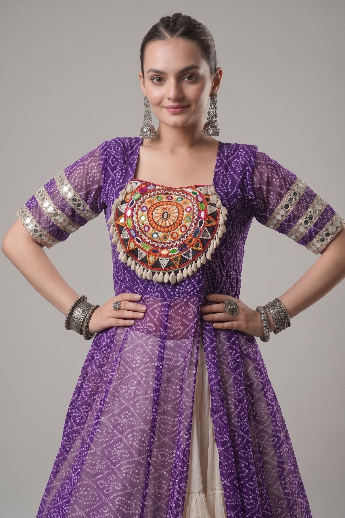 White Cotton Flared Chaniya with Kachchi Work Leheriya Top