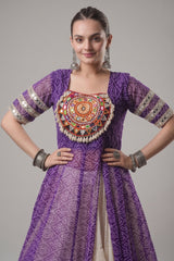 White Cotton Flared Chaniya with Kachchi Work Leheriya Top