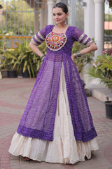 White Cotton Flared Chaniya with Kachchi Work Leheriya Top