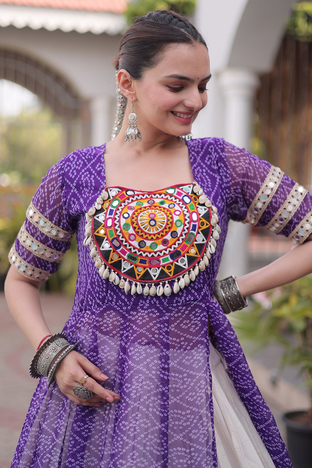 White Cotton Flared Chaniya with Kachchi Work Leheriya Top