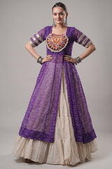 White Cotton Flared Chaniya with Kachchi Work Leheriya Top