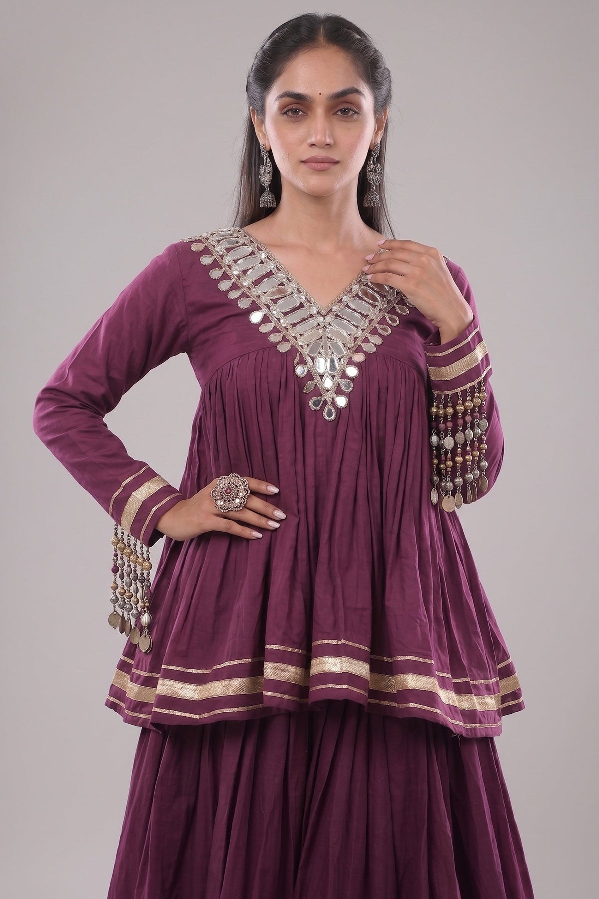 Purple Cotton Mirror Worked Peplum Chaniya Choli