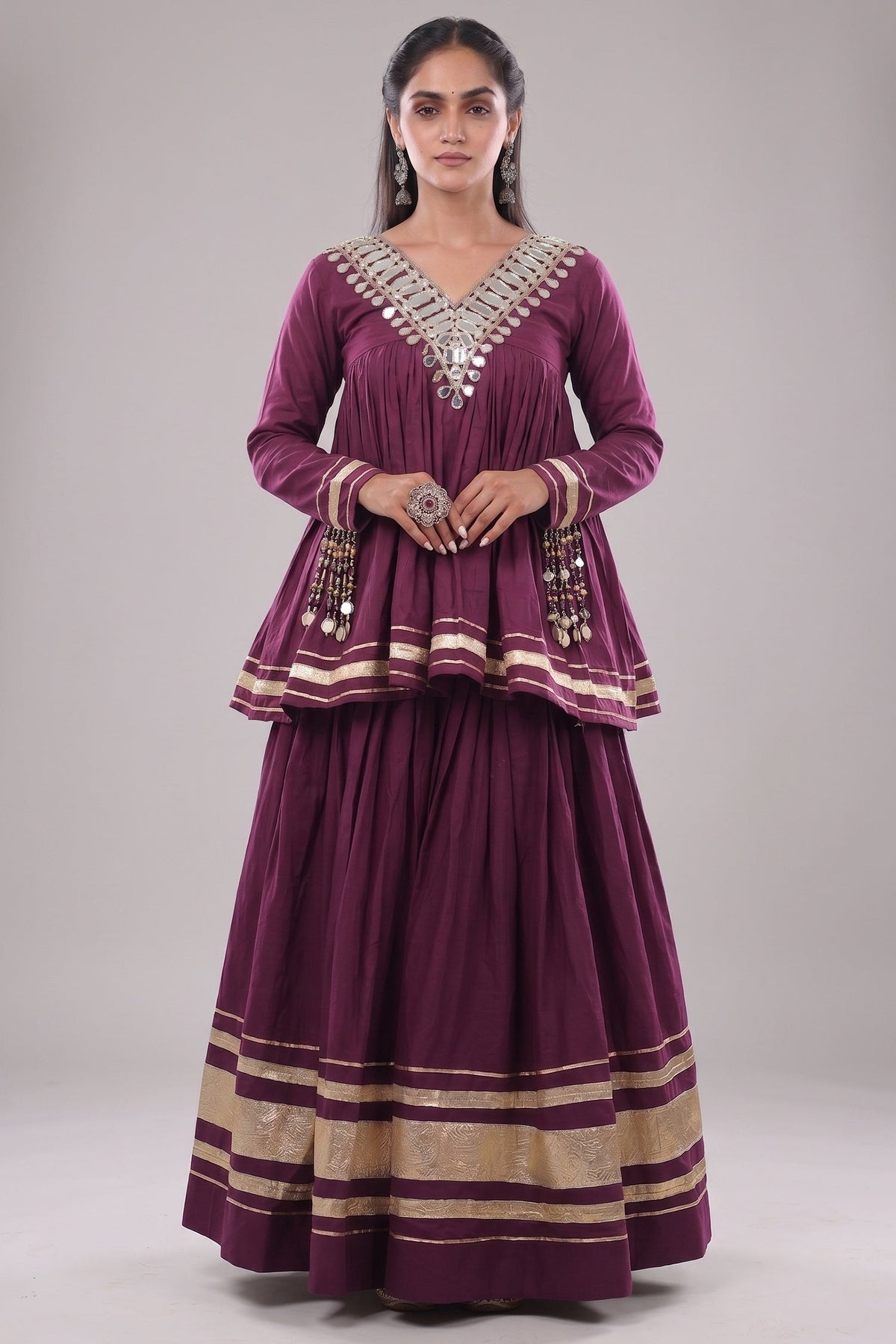 Purple Cotton Mirror Worked Peplum Chaniya Choli