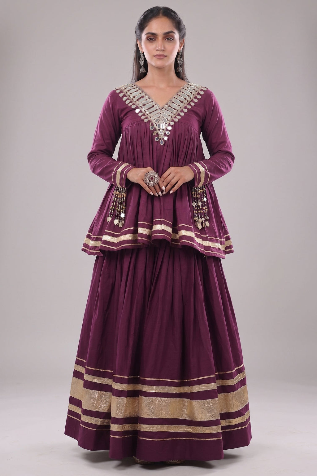 Purple Cotton Mirror Worked Peplum Chaniya Choli