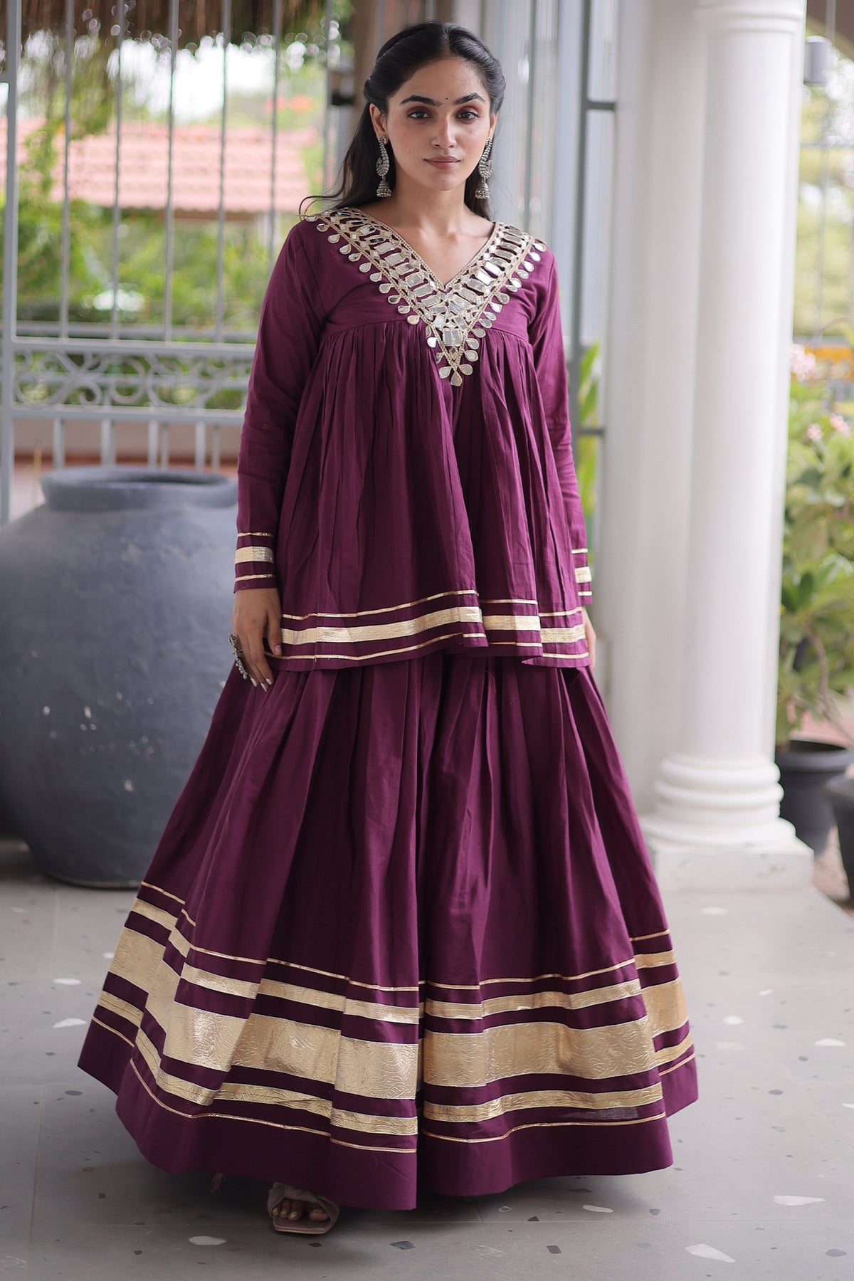Purple Cotton Mirror Worked Peplum Chaniya Choli