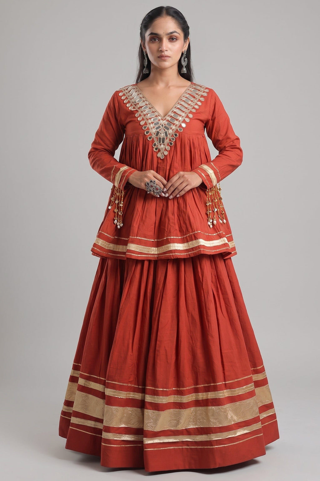 Orange Cotton Mirror Worked Peplum Chaniya Choli