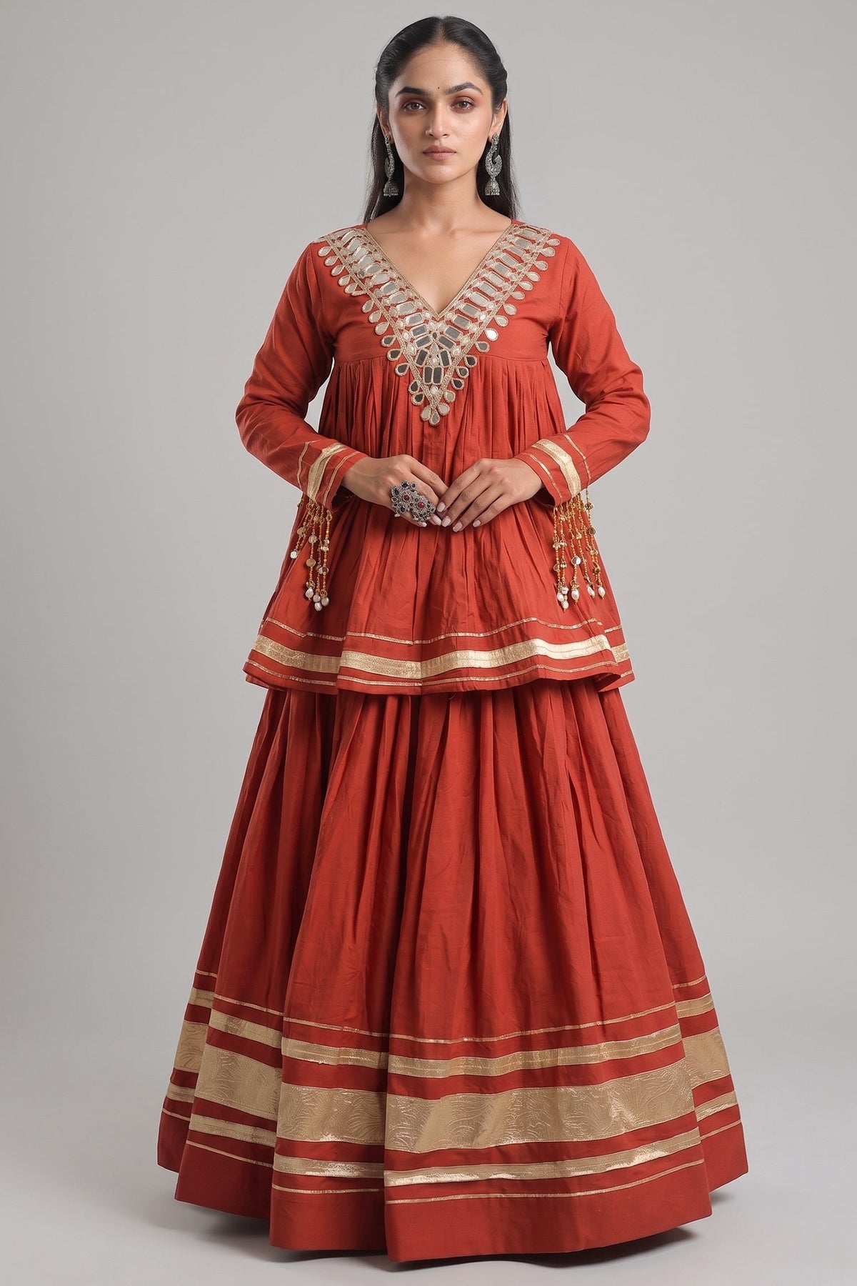Orange Cotton Mirror Worked Peplum Chaniya Choli