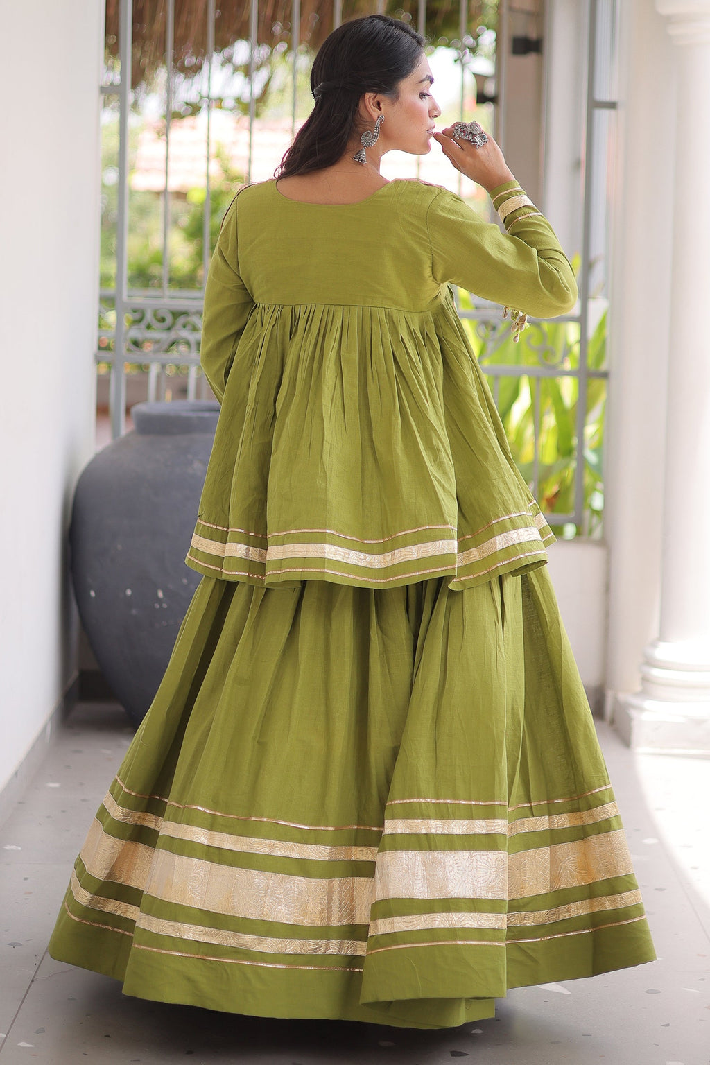 Parrot Green Cotton Mirror Worked Peplum Chaniya Choli
