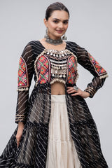 Off White Cotton Chaniya with Leheriya and Kachchi Work Long Top