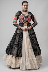 Off White Cotton Chaniya with Leheriya and Kachchi Work Long Top