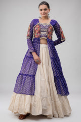 Off White Cotton Chaniya with Leheriya and Kachchi Work Long Top