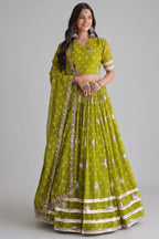 Parrot Green Georgette Printed Lehenga with Sequin Work
