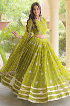 Parrot Green Georgette Printed Lehenga with Sequin Work