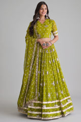 Parrot Green Georgette Printed Lehenga with Sequin Work