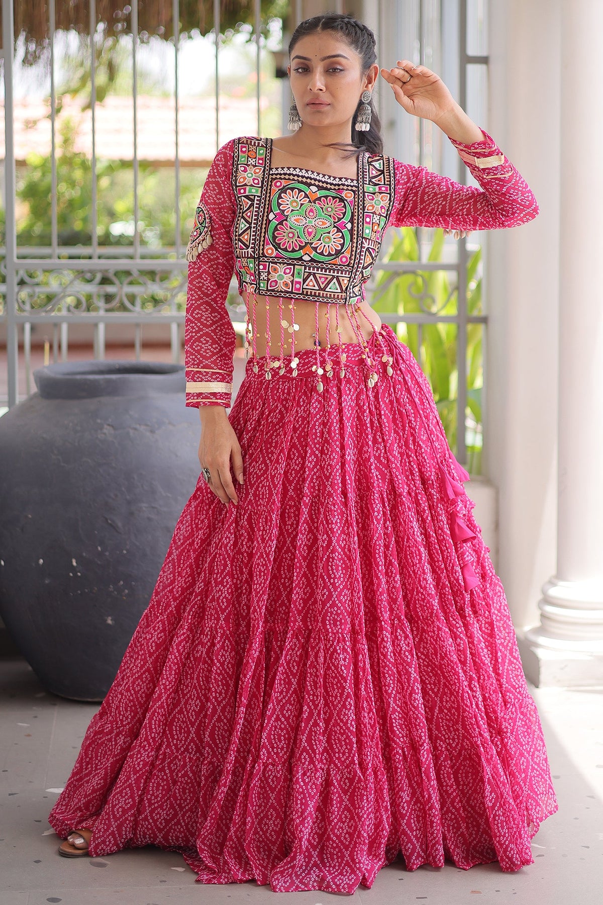 Pink Georgette Kachchi Mirror Worked Chaniya Choli
