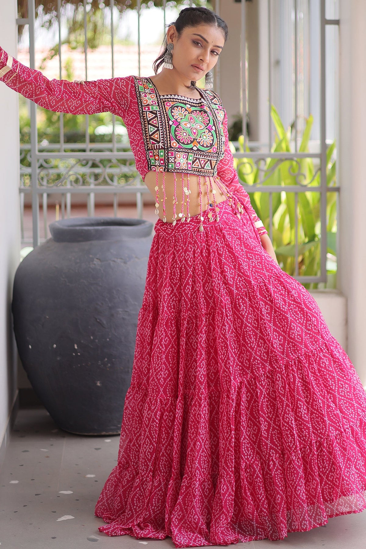 Pink Georgette Kachchi Mirror Worked Chaniya Choli