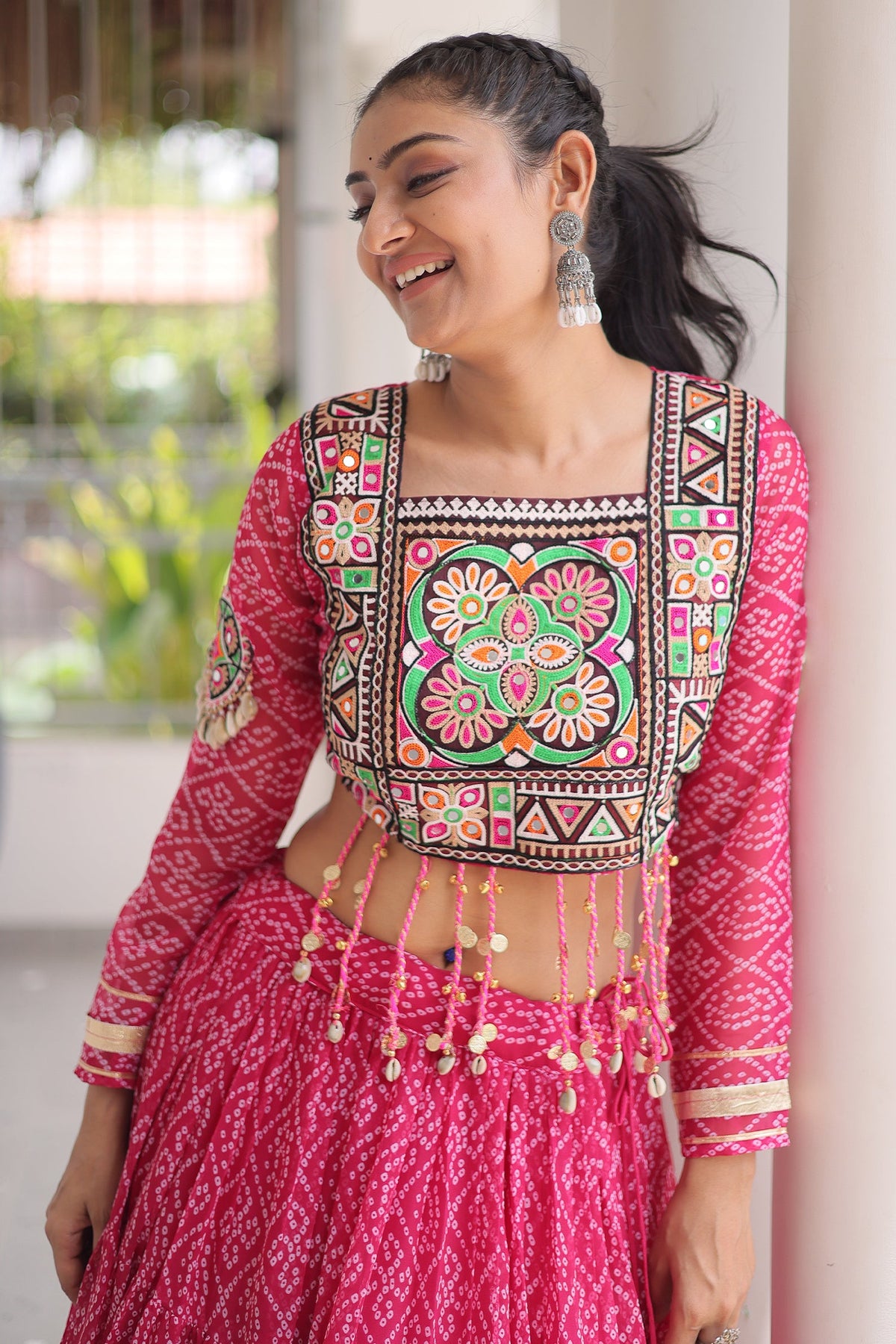 Pink Georgette Kachchi Mirror Worked Chaniya Choli