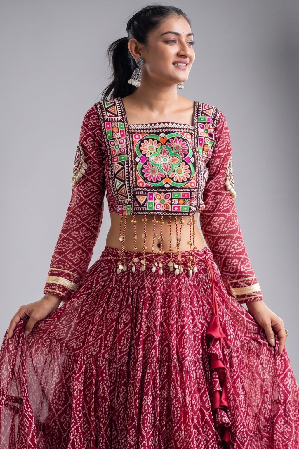 Maroon Georgette Kachchi Mirror Worked Chaniya Choli