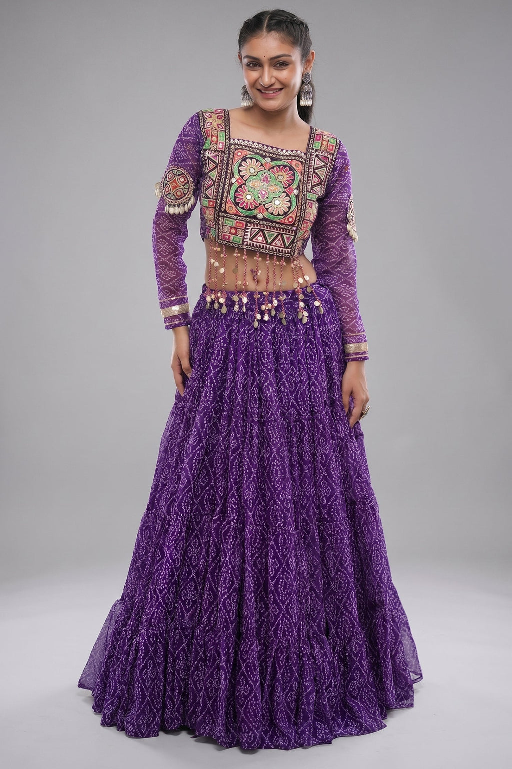 Purple Georgette Kachchi Mirror Worked Chaniya Choli