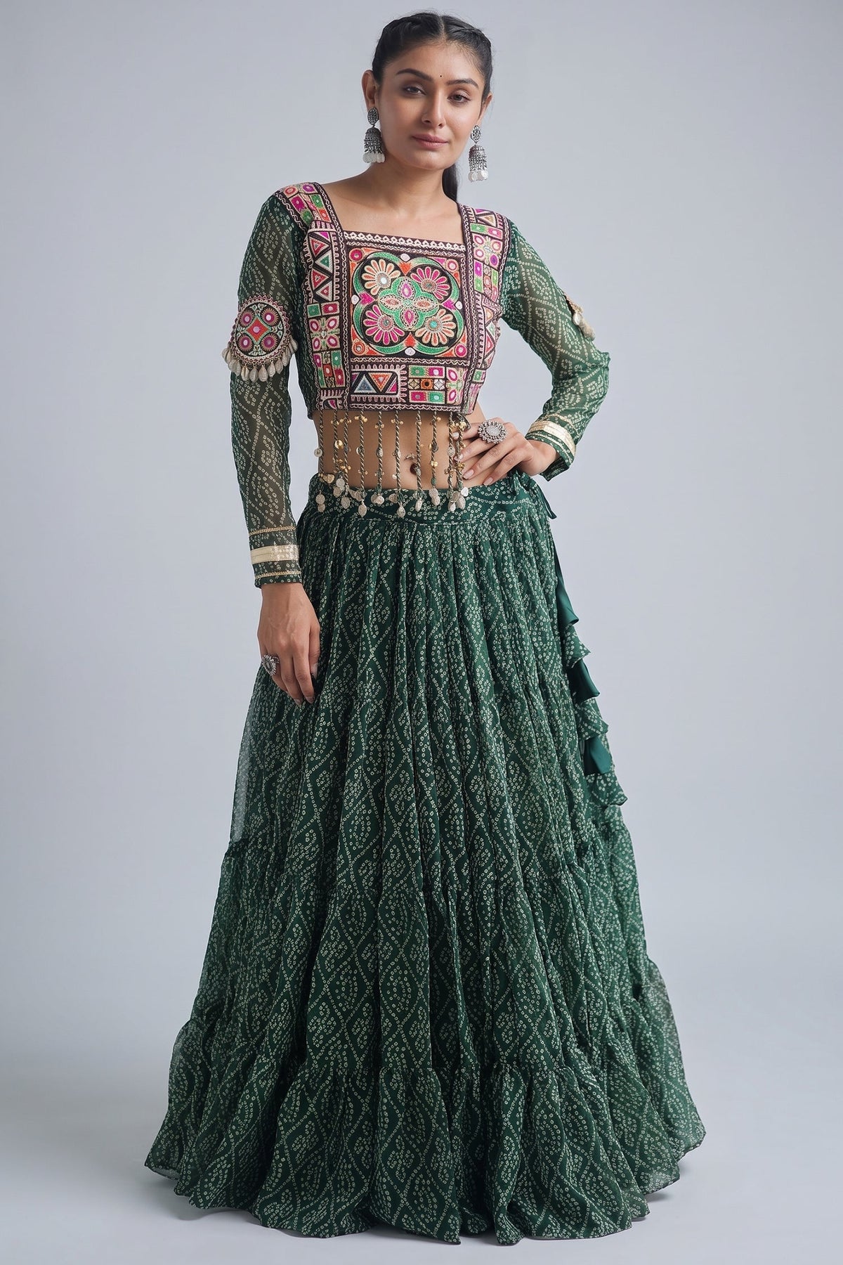 Green Georgette Kachchi Mirror Worked Chaniya Choli