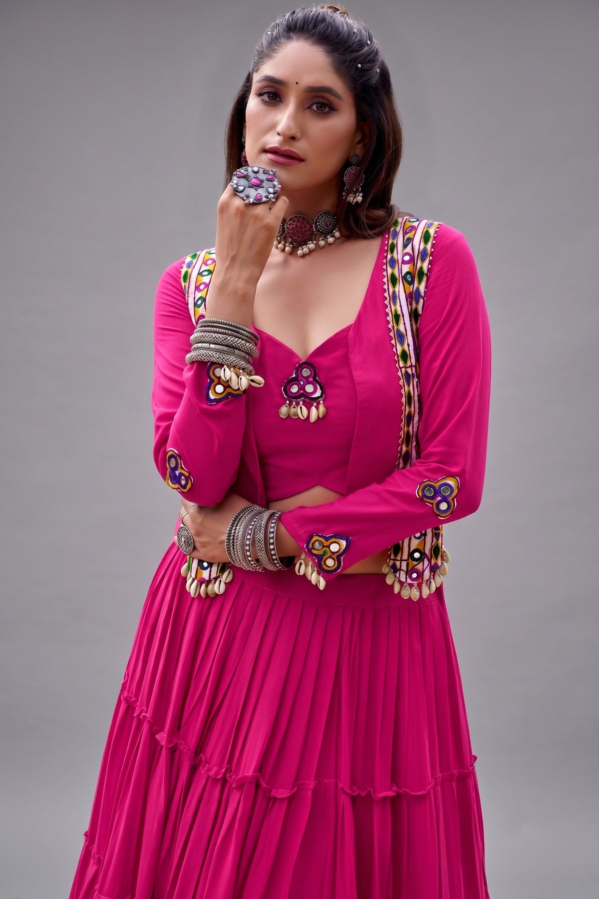 Pink Rayon Kachchi Worked Chaniya Choli with Jacket