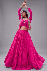 Pink Rayon Kachchi Worked Chaniya Choli with Jacket