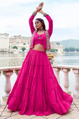 Pink Rayon Kachchi Worked Chaniya Choli with Jacket