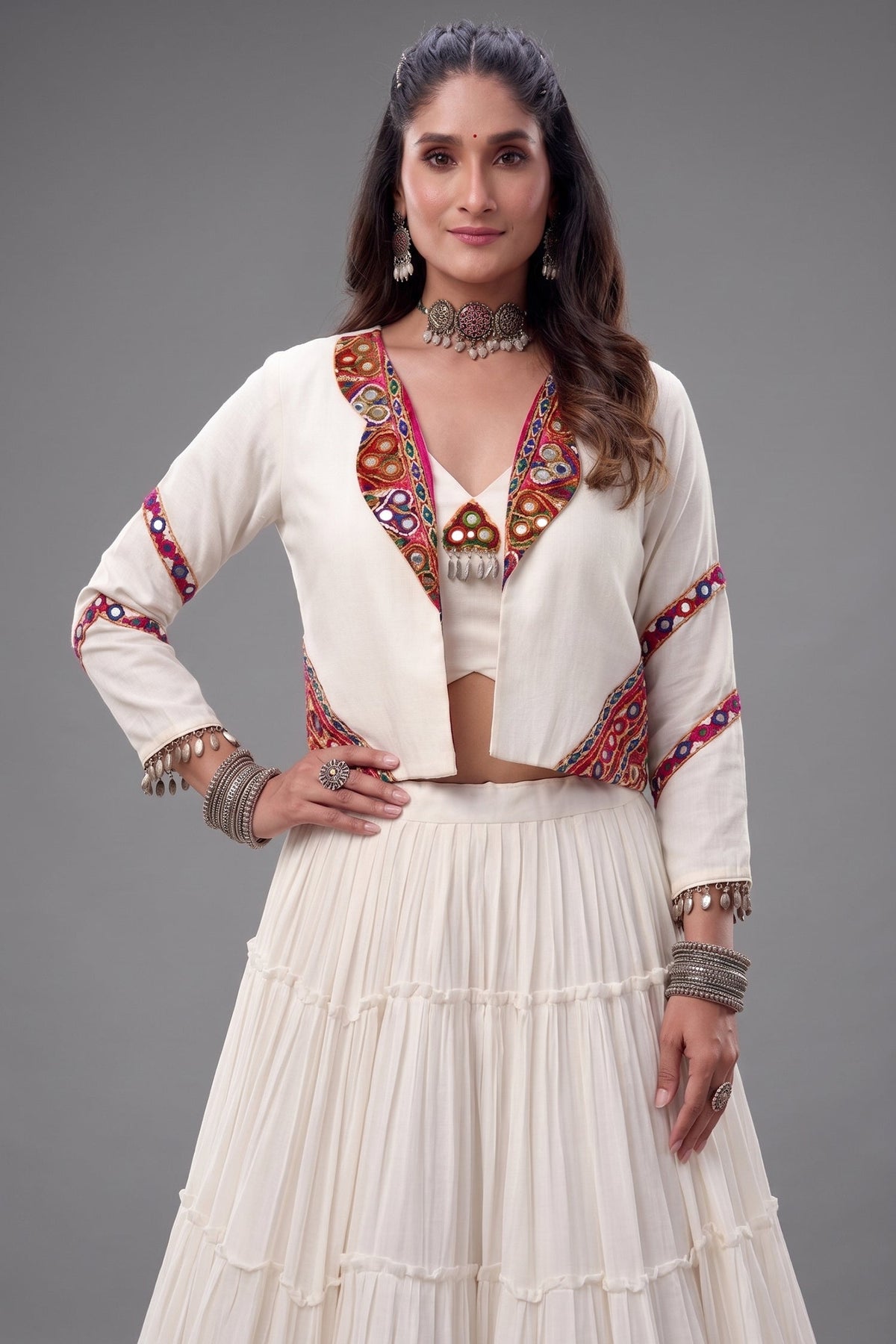 Off White Rayon Kachchi Worked Chaniya Choli with Jacket