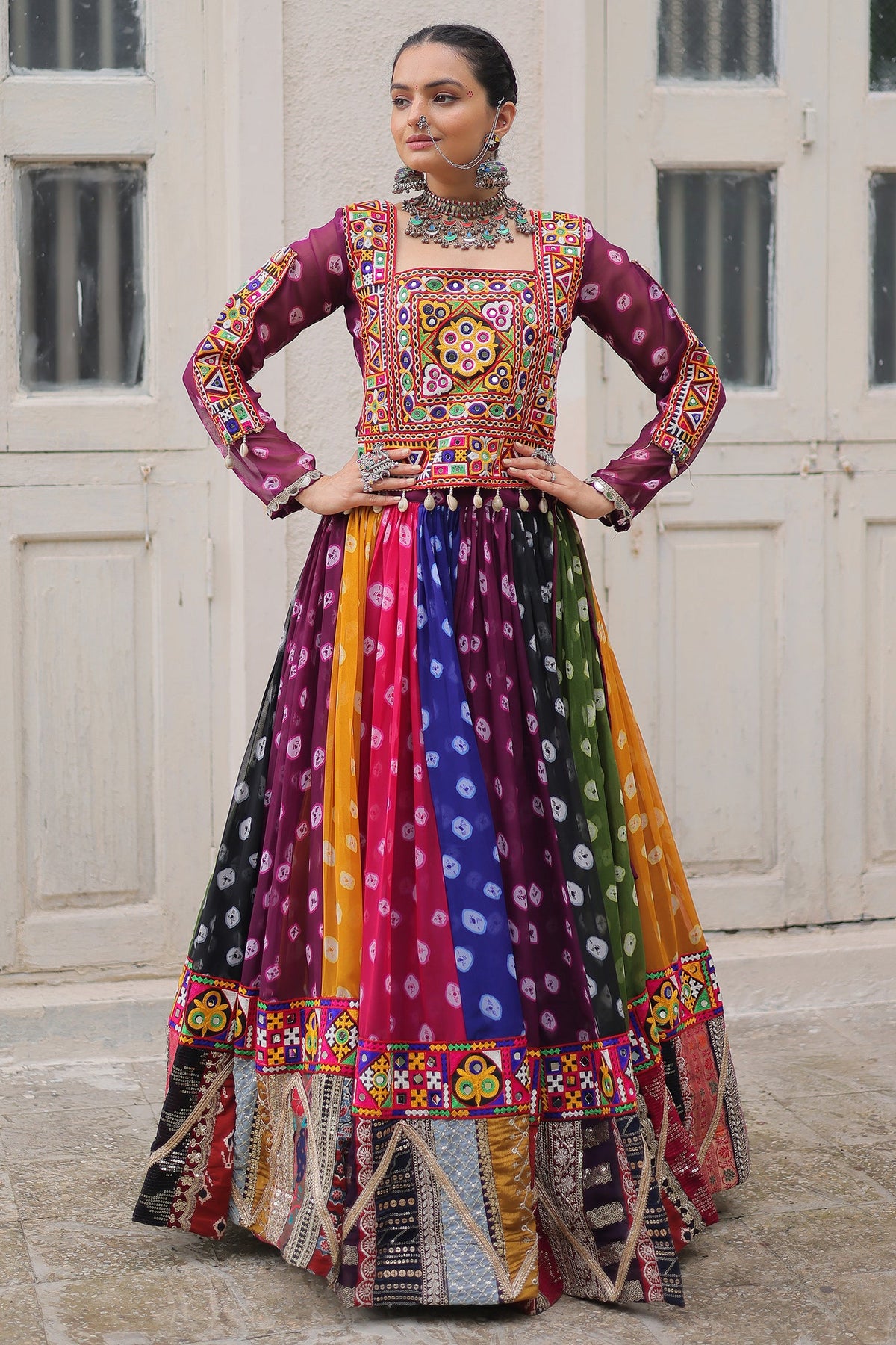 Multi Georgette Printed Chaniya Choli with Kachchi Work