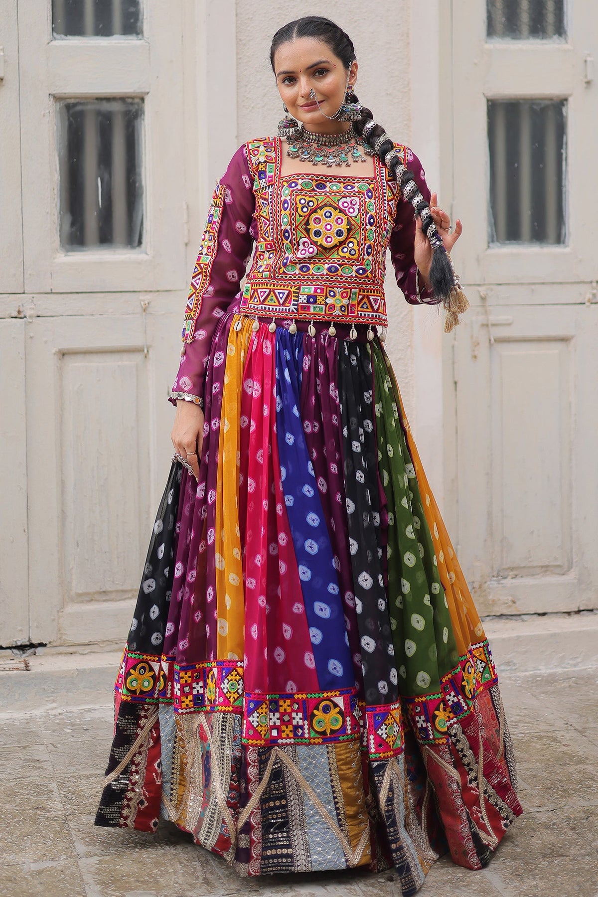 Multi Georgette Printed Chaniya Choli with Kachchi Work
