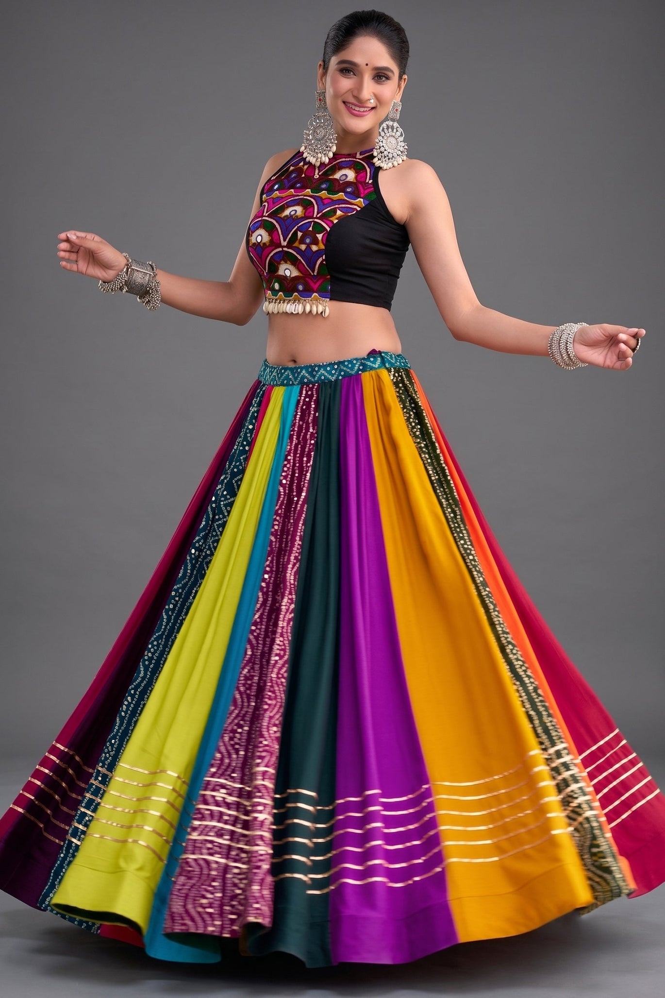 Multi Coloured Rayon Kachchi Worked Chaniya Choli from Asopalav